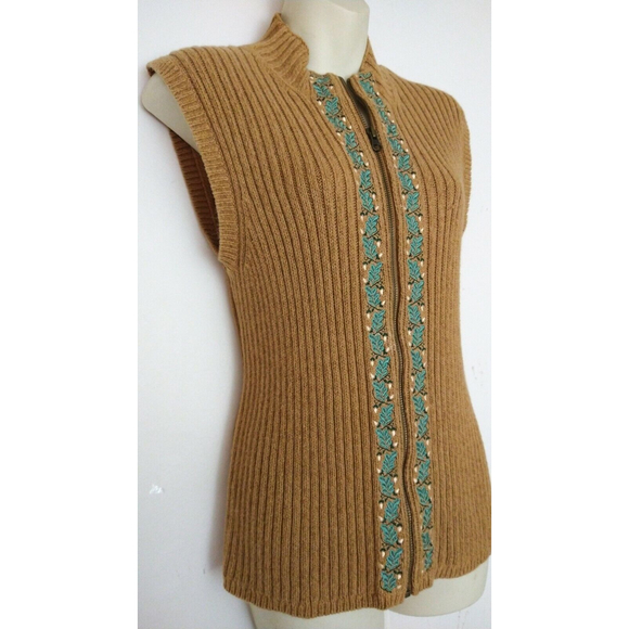 Woolrich Womens Embroidered Ribbed Sweater Vest Full Zip Brown Size Large - Picture 5 of 8